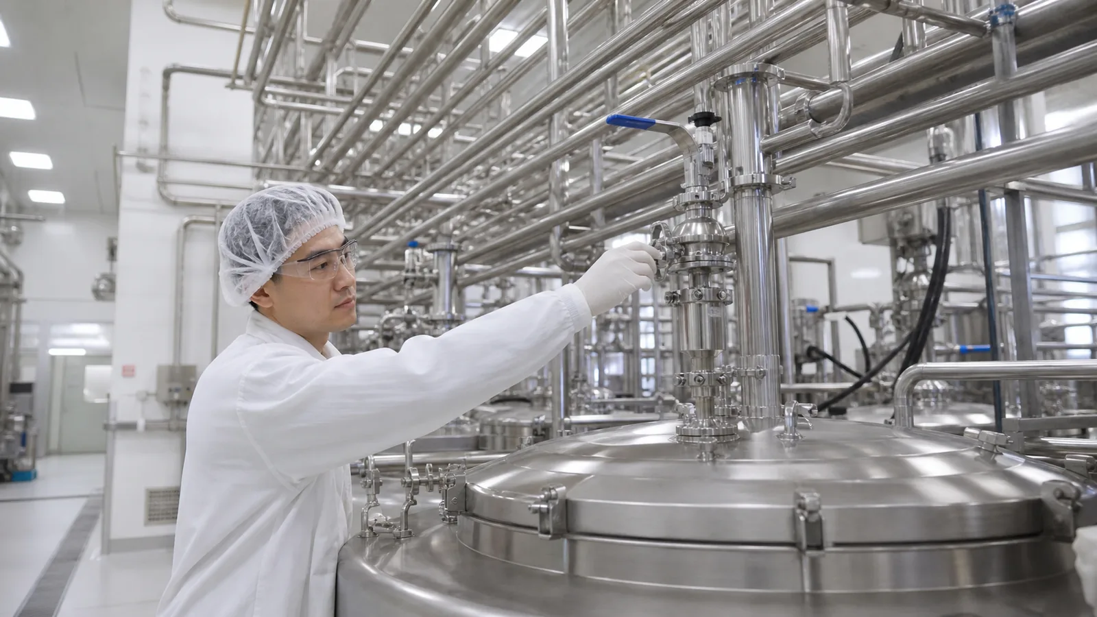 Chinese technician checking sanitary stainless steel piping