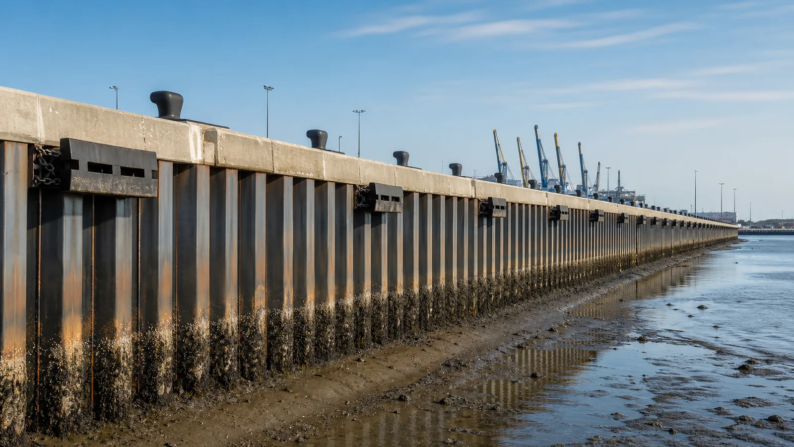 Steel sheet pile retaining wall at a port