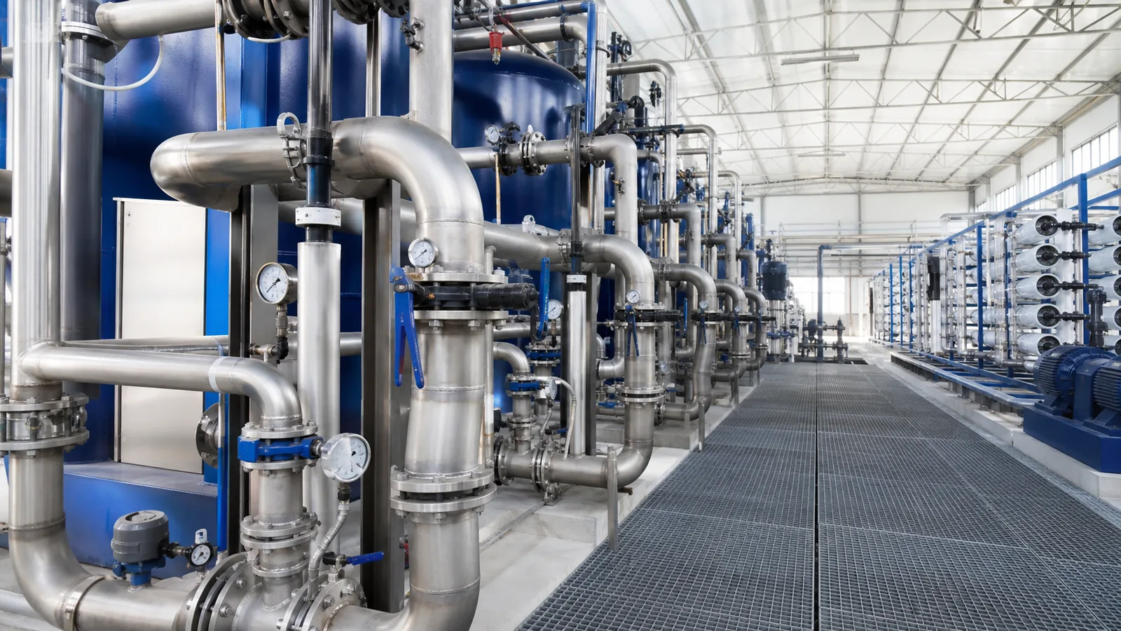 Stainless steel piping in a water treatment facility