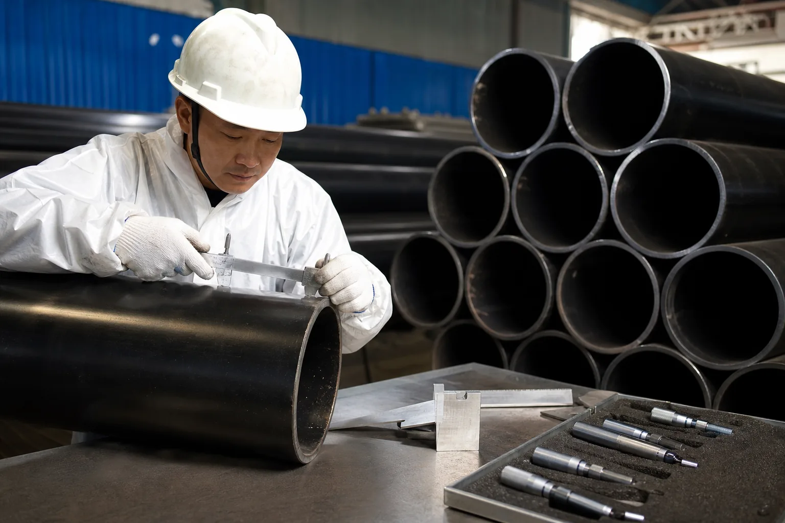 Chinese inspector checking ERW steel pipe end dimensions