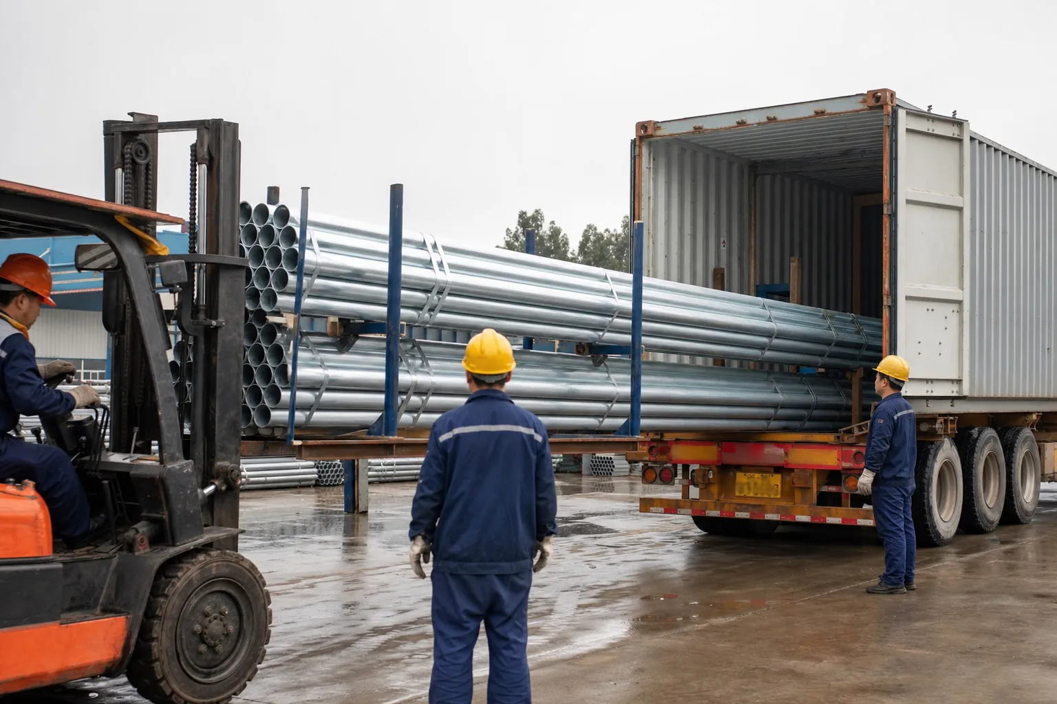 Galvanized steel pipe bundles loaded into export container