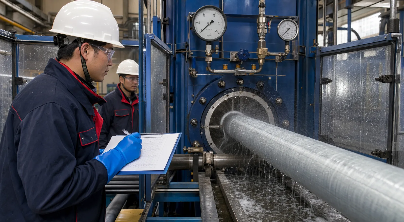 Chinese technician carrying out steel pipe hydrostatic testing