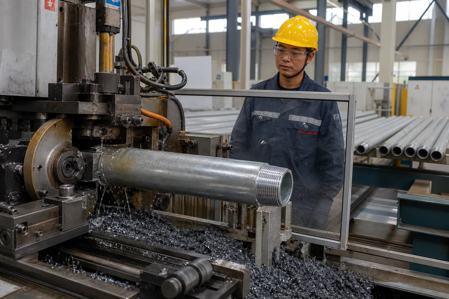 Chinese worker threading galvanized steel pipe ends