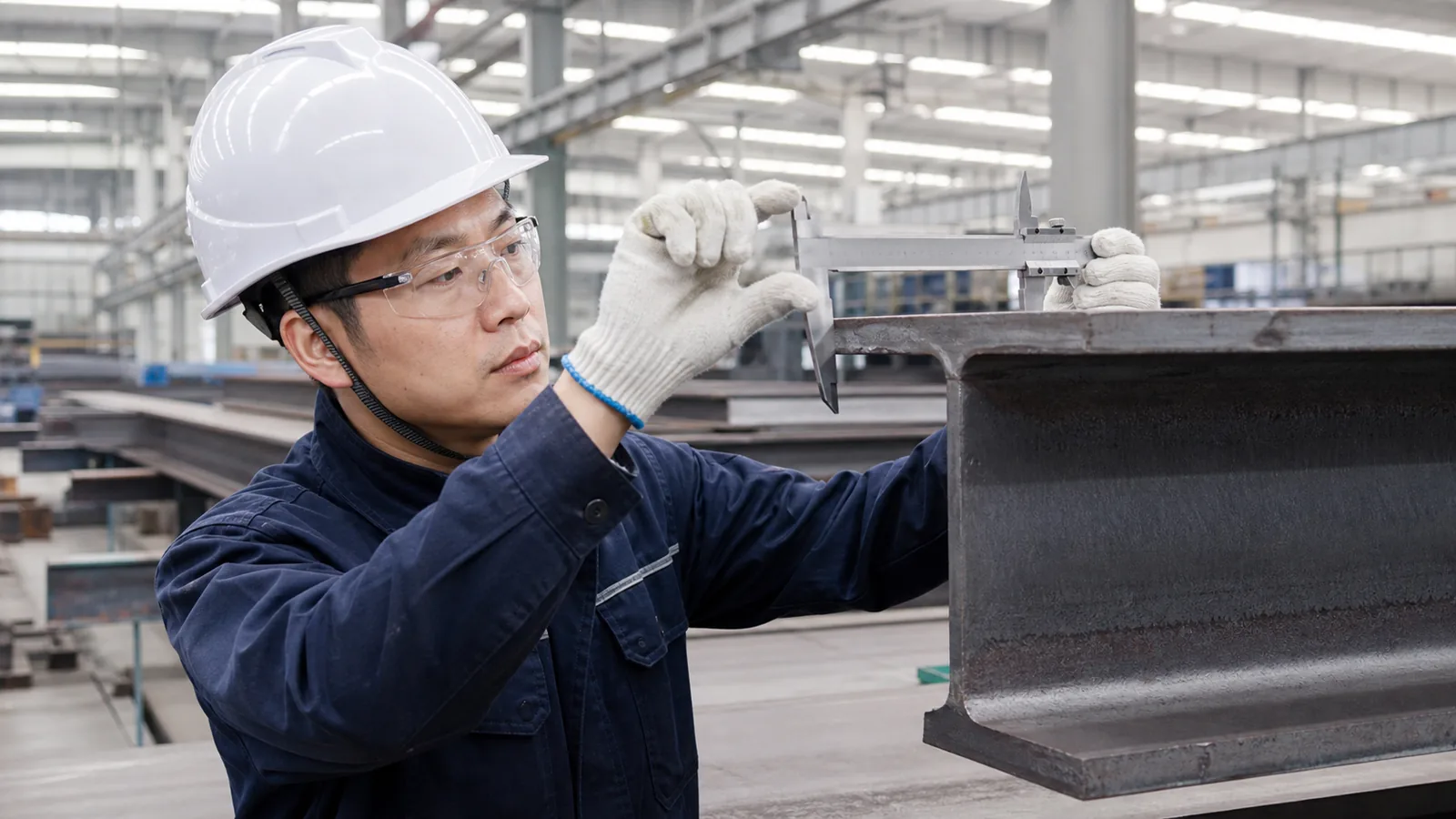 Chinese inspector performing dimensional inspection on structural steel