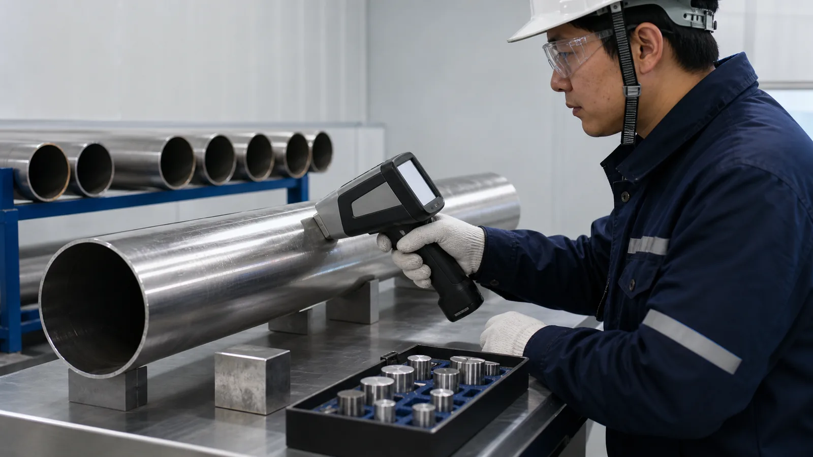 Chinese inspector performing PMI material verification on stainless steel pipe