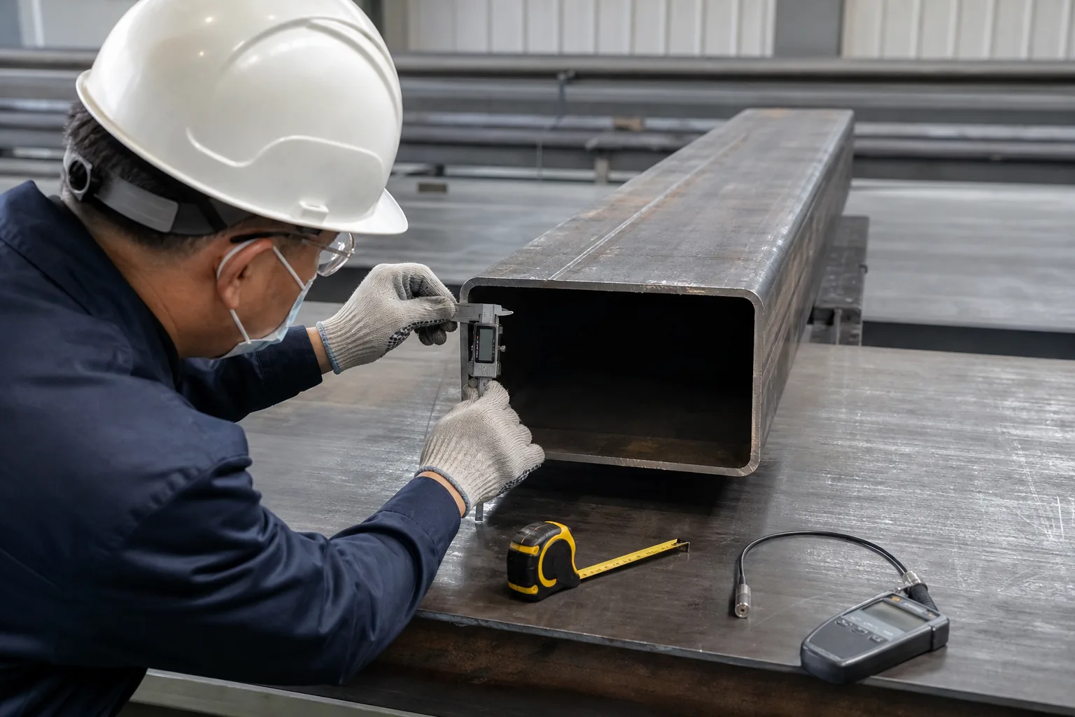 Square & Rectangular Steel Tubes Chinese inspector measuring rectangular steel tube