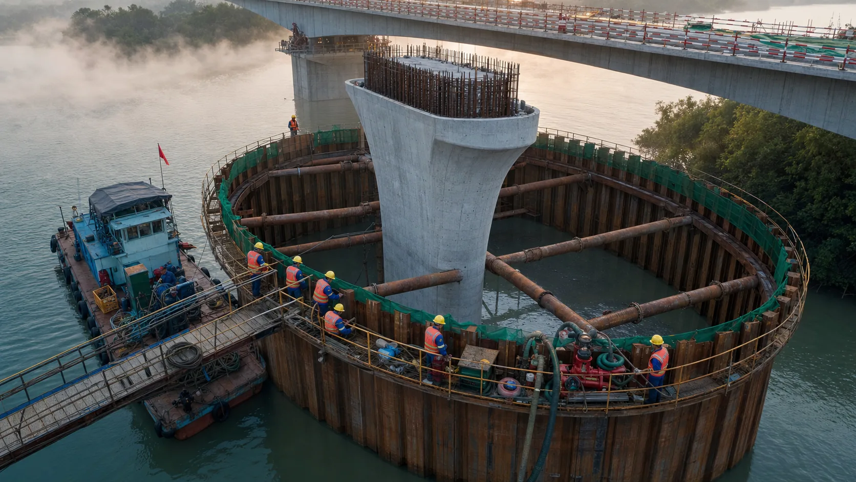 Steel Sheet Piles Steel sheet pile cofferdam around a bridge foundation