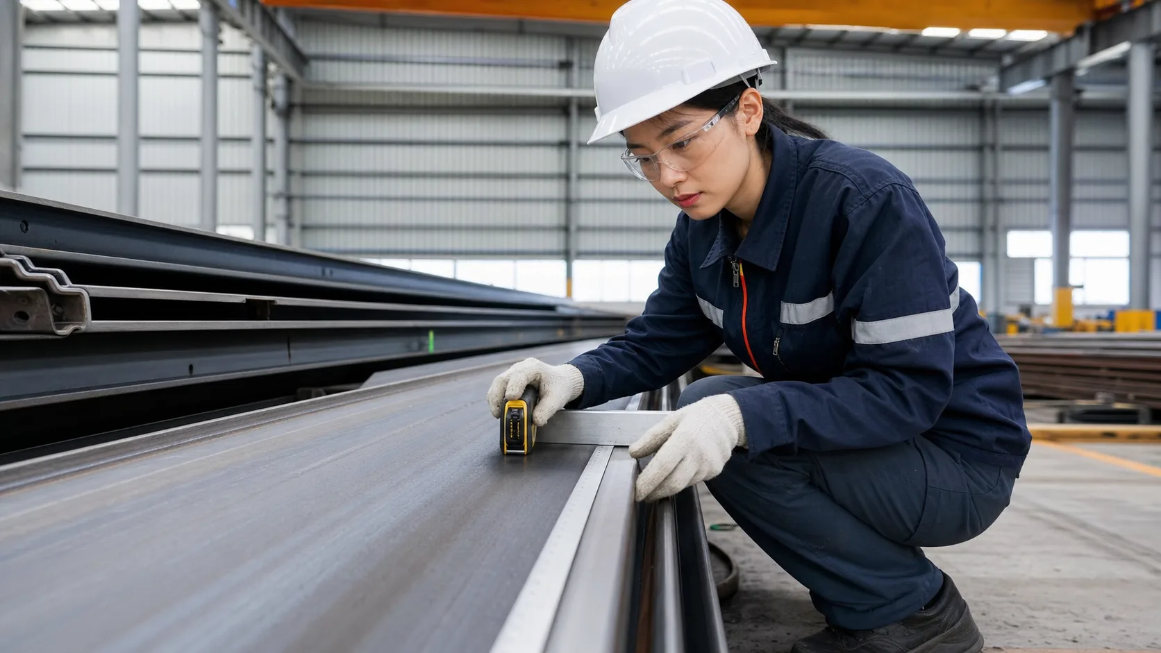 Steel Sheet Piles Chinese inspector measuring steel sheet pile length