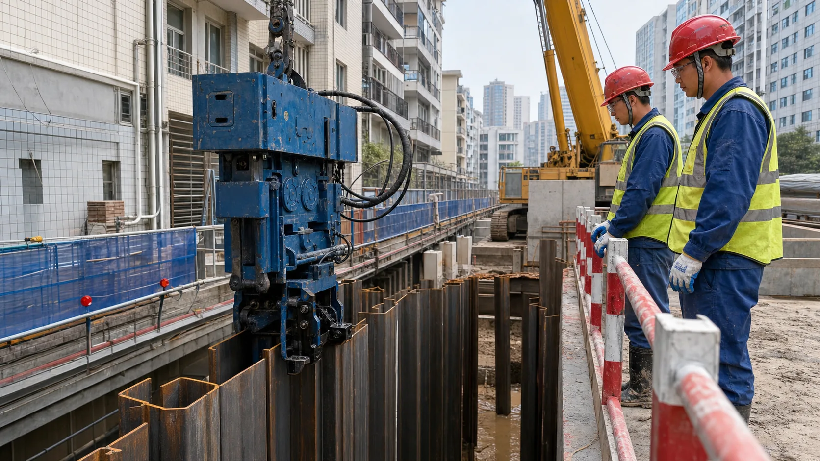 Steel Sheet Piles Chinese crew installing steel sheet piles by press-in method