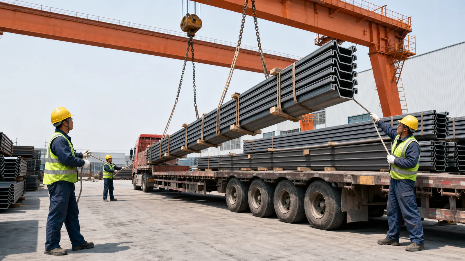 Steel sheet piles being loaded onto a truck