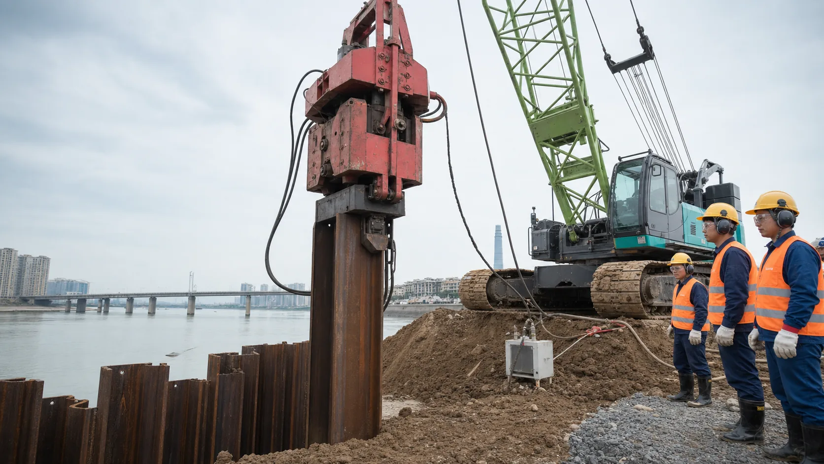 Steel Sheet Piles Chinese construction crew installing steel sheet piles with a vibratory hammer