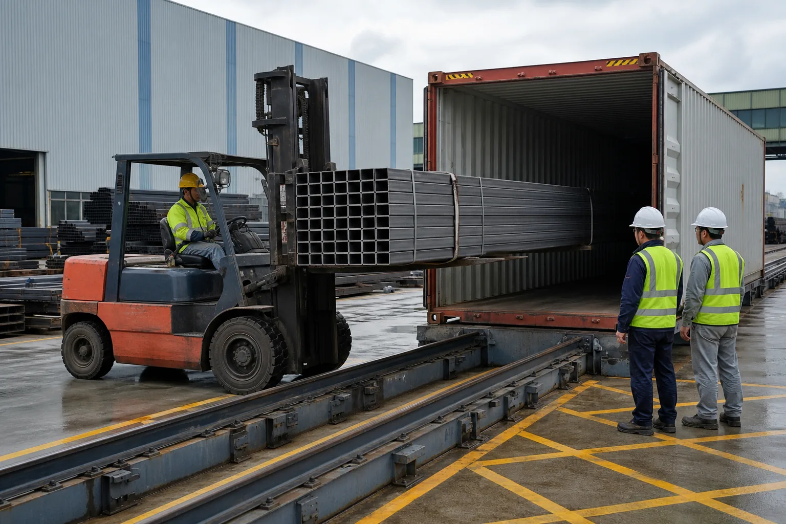 Square steel tubes prepared for export container loading