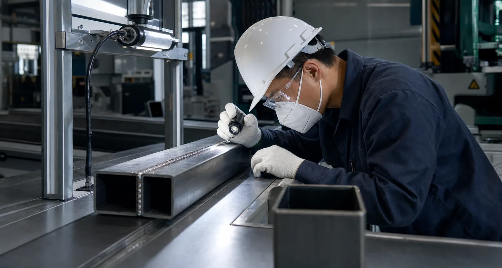 Square & Rectangular Steel Tubes Chinese inspector checking square tube weld quality