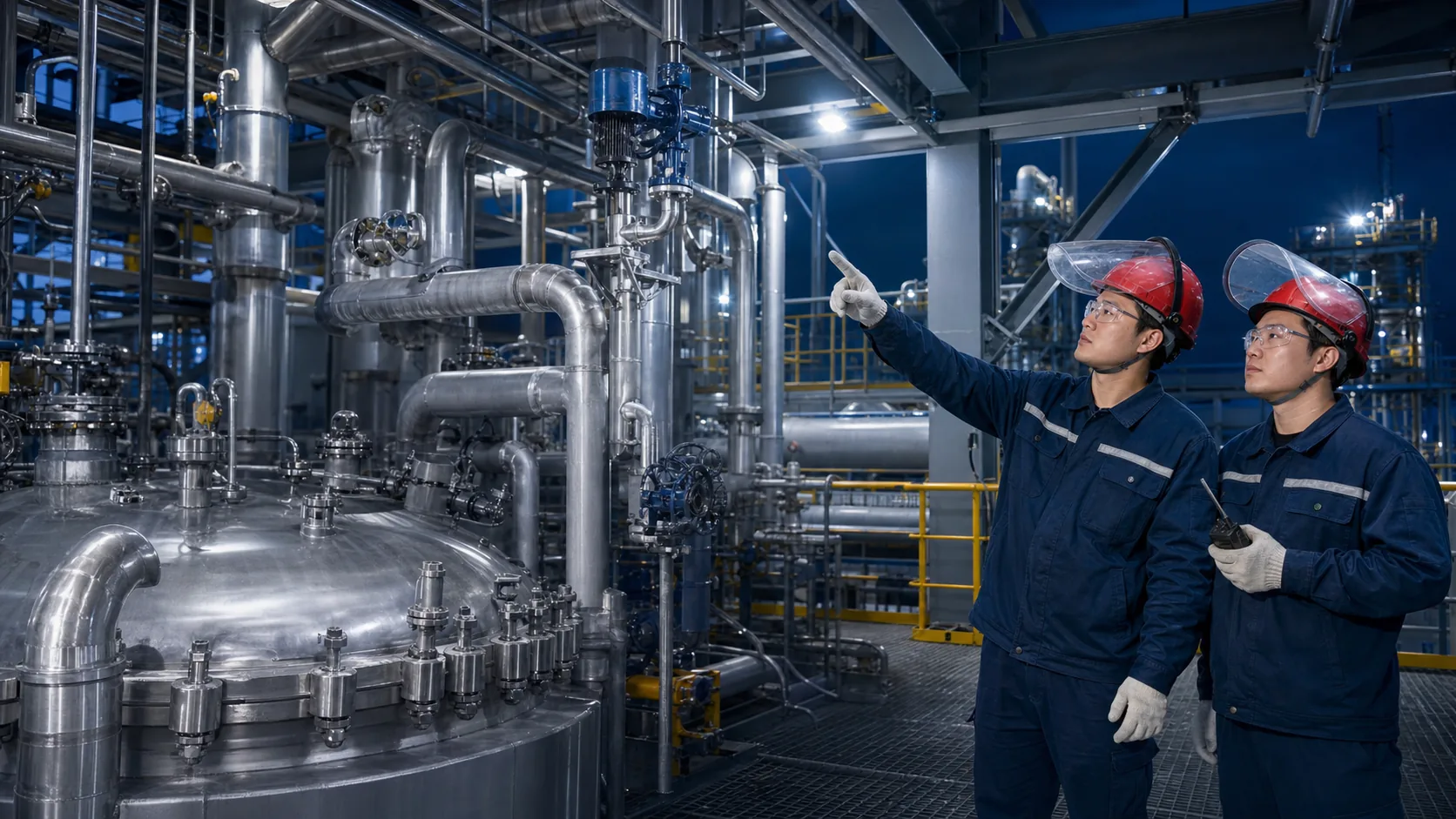 Chinese operators checking stainless chemical process piping