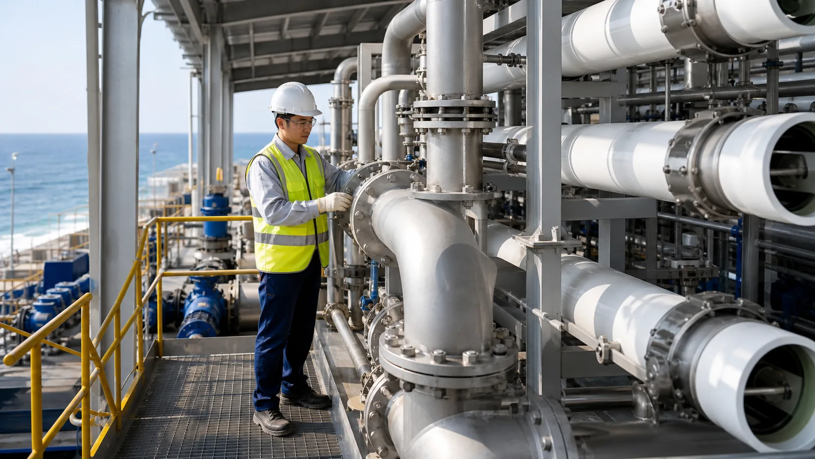 Stainless steel piping at a desalination facility