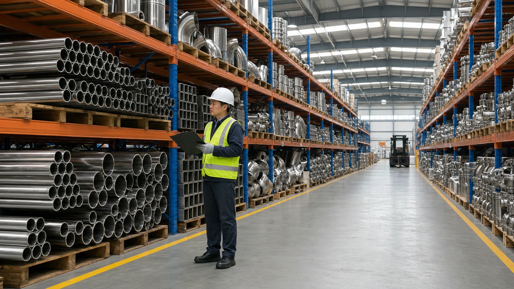 Stainless steel pipes stored in a Chinese distribution warehouse