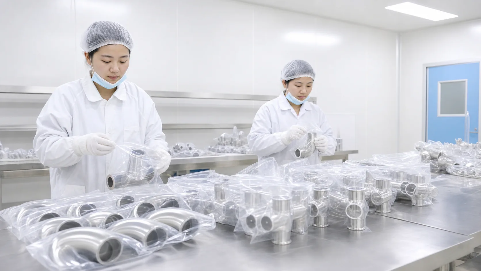 Chinese workers preparing stainless fittings in clean packaging