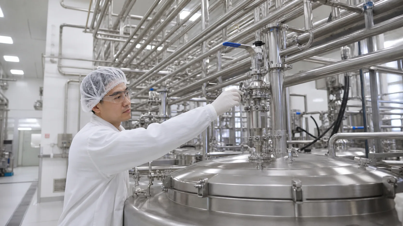 Chinese technician checking stainless sanitary piping in food production