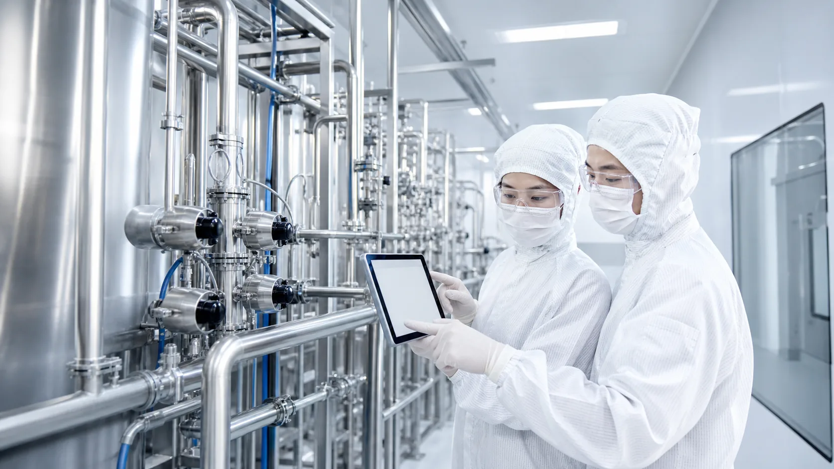 Chinese technicians inspecting pharmaceutical clean piping
