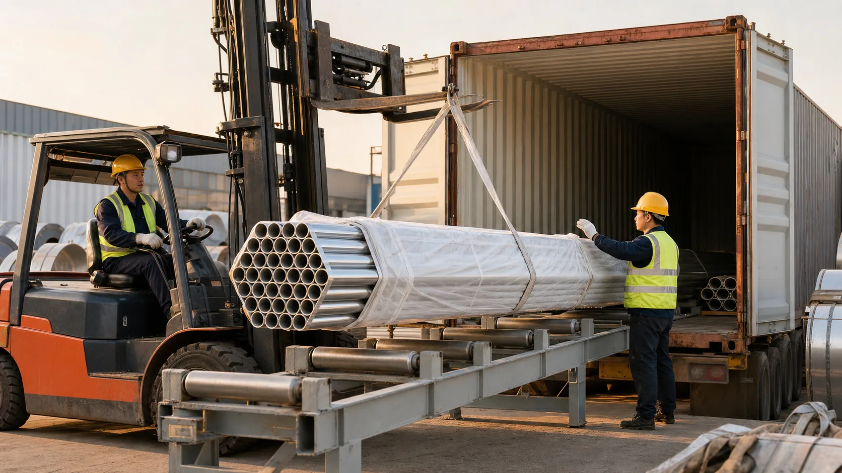 Stainless steel pipes being loaded into an export container