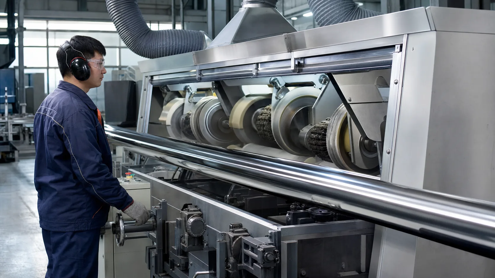 Chinese operator polishing stainless steel pipe