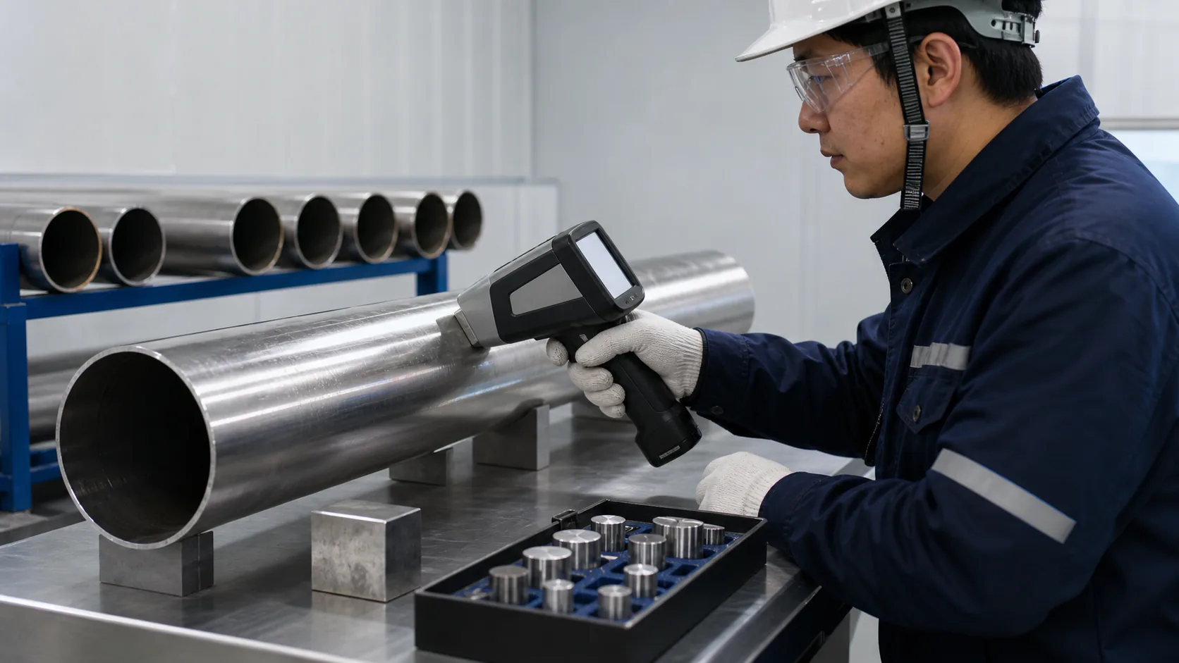 Chinese inspector performing PMI on stainless steel pipe