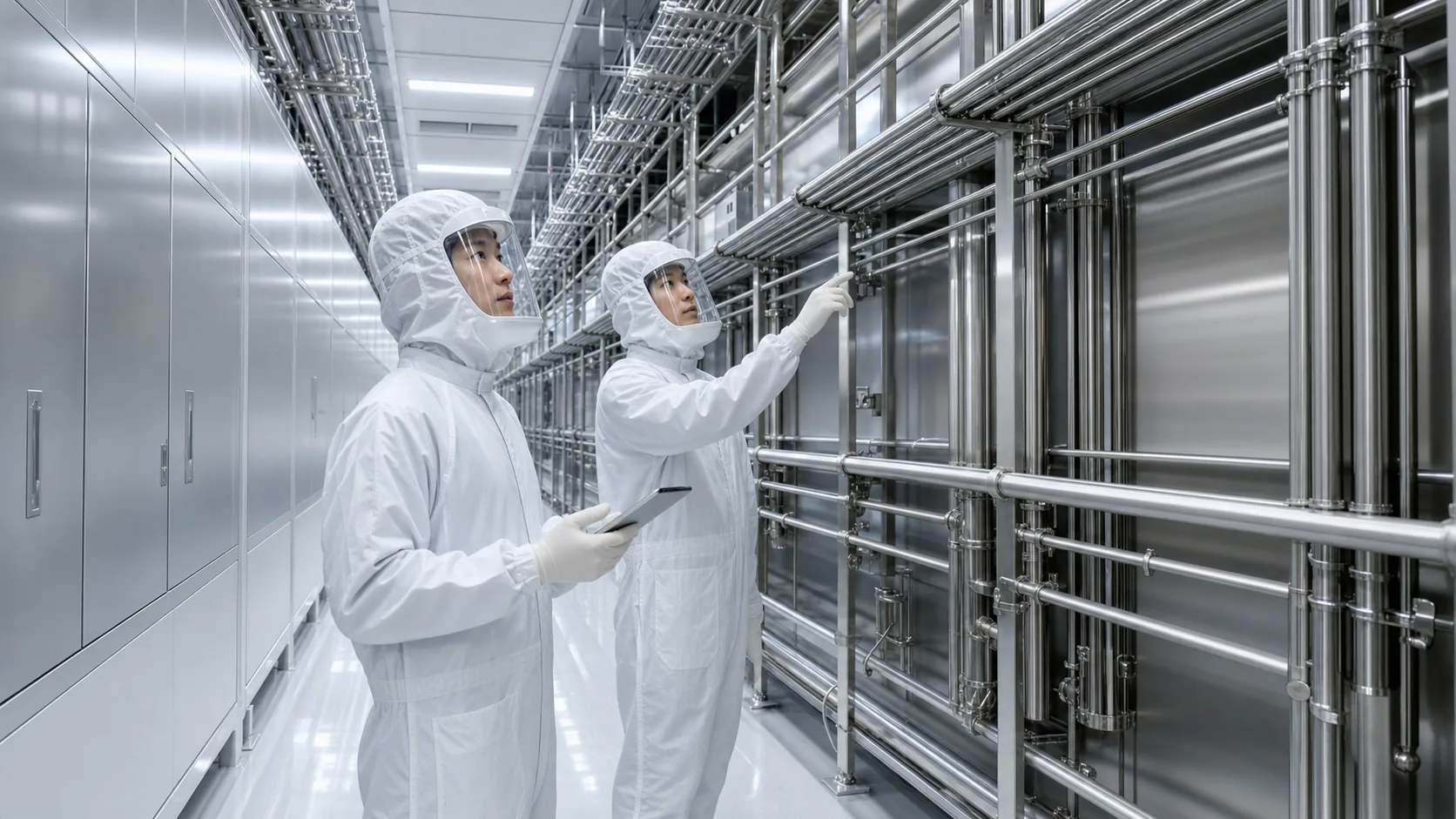 Chinese technicians inspecting semiconductor clean utility piping