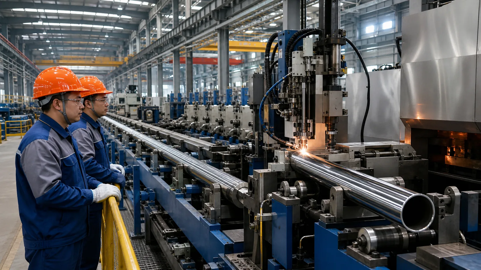 Chinese workers at a stainless welded pipe production line