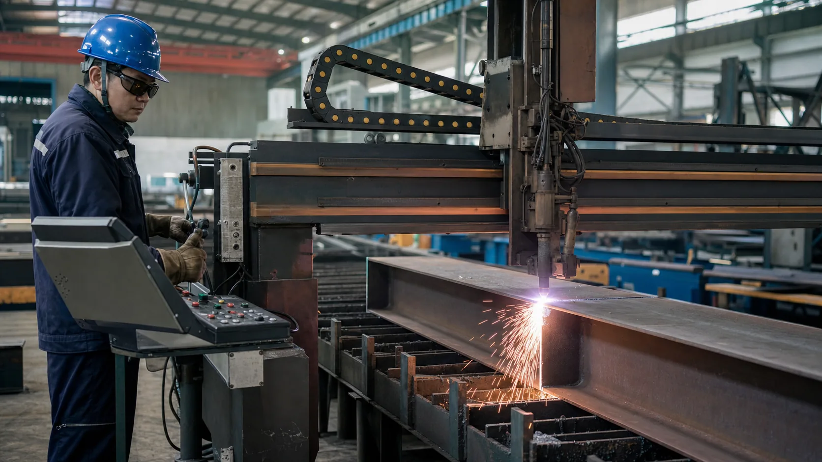 Structural Steel Sections Chinese operator performing CNC cutting on structural steel