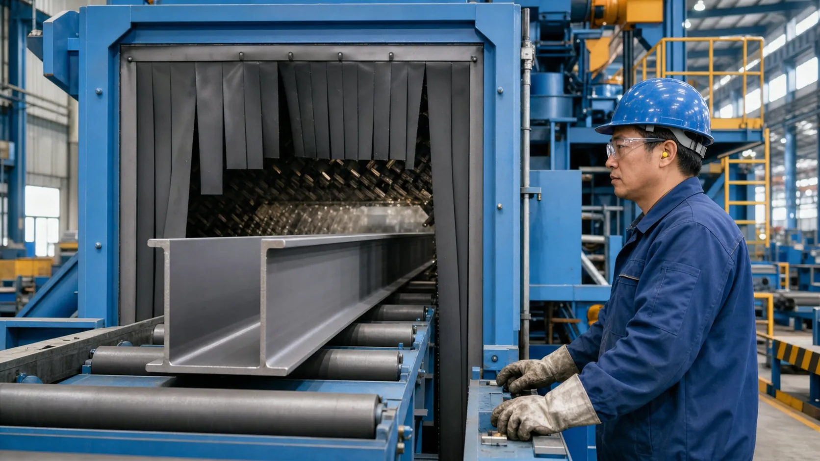 Structural Steel Sections Chinese worker operating structural steel shot blasting line