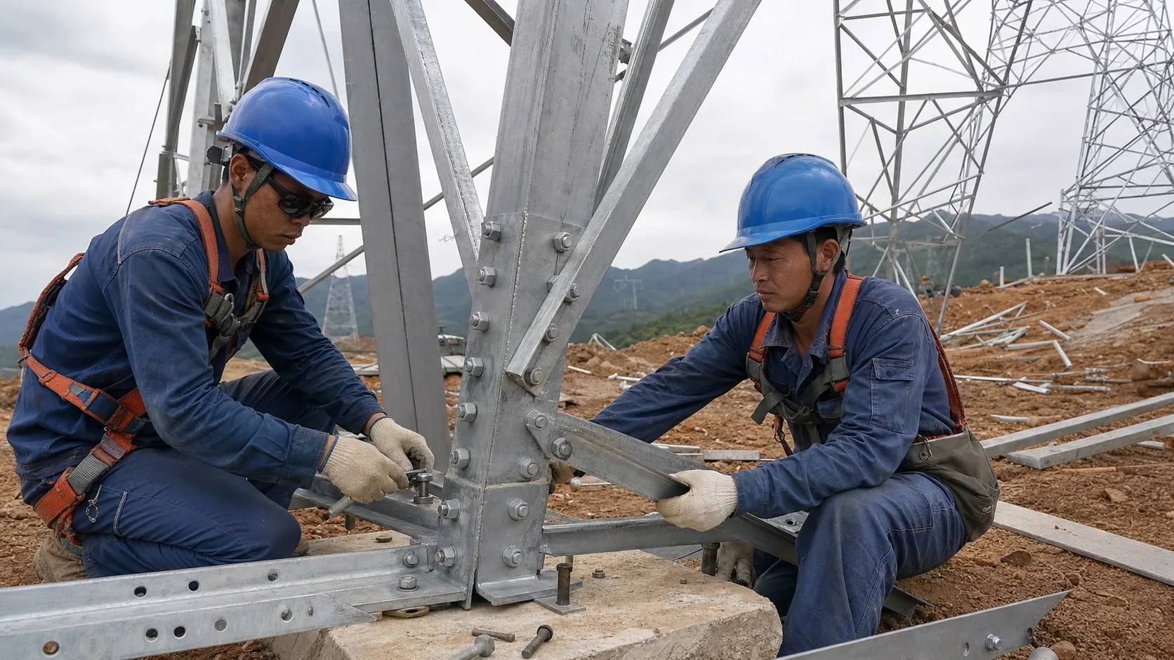 Structural Steel Sections Chinese workers assembling angle steel transmission tower components